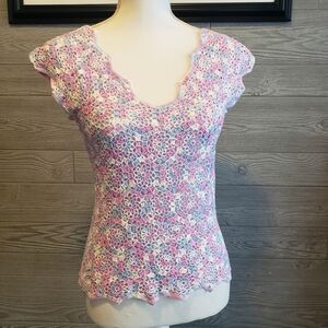 Handmade Crochet Blouse, V-Neck, Cap Sleeves & Scallop Hem Blue Pink White Small
